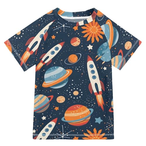 ALAZA Boys Rash Guard Swimming Shirt for Boys Short Sleeve Rocket Planet UPF 50+ 5-6T