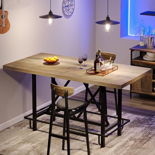 Image of Tribesigns 63-Inch Counter Height Bar Table with Metal Footrest (Gray) | Industrial Rectangle Pub Table, Wood Kitchen Dining Table with Sturdy Metal Frame for Dining Room, Home Bar
