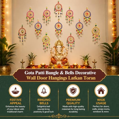 Image of Bindian Pom Pom Ring Bell Chakri Hanging for Home Decor, Pack of 5 Wall Hanging Decoration for Living Room, Backdrop Decoration Items for Ganpati, Navratri, Diwali Festival & Pooja Room Decor