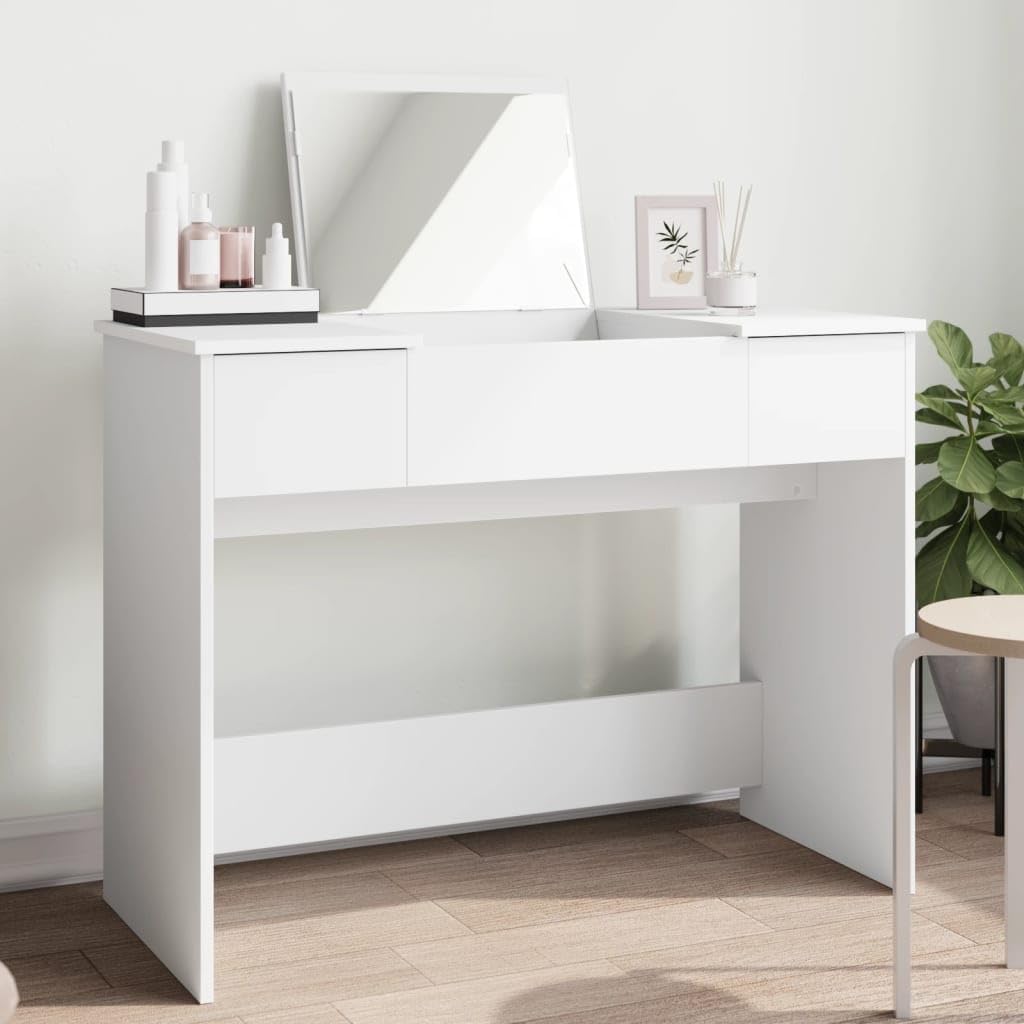 Tocador con espejo blanco de madera, cristal, 100 x 45 x 76 cm, espacio de maquillaje con cajón, espacio de almacenamiento para dormitorio, baño, niña, habitación juvenil
