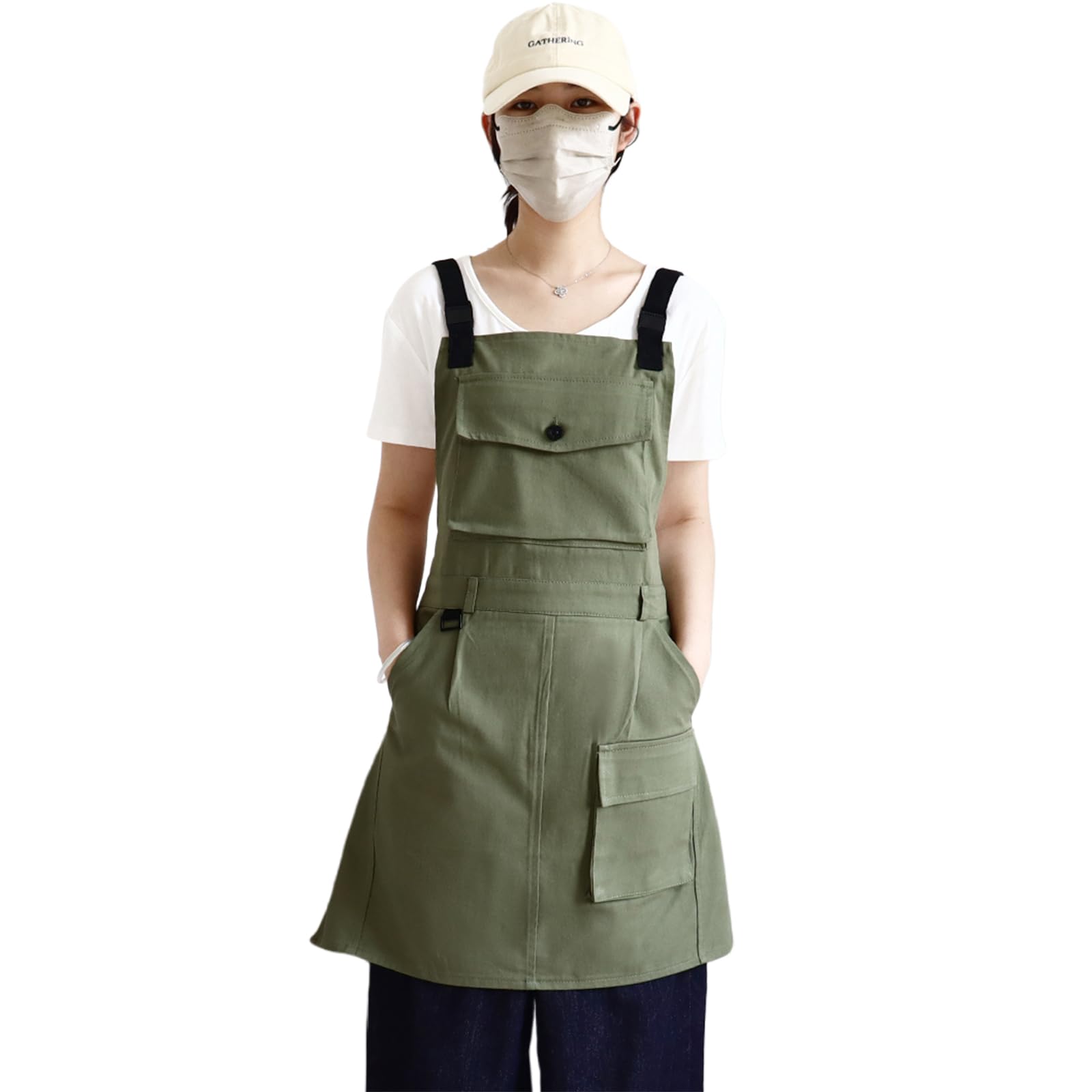 Tablier De Cuisine Réglable Chef Tablier en Coton avec Poches Tabliers De Travail pour Femmes Hommes Green,One Size