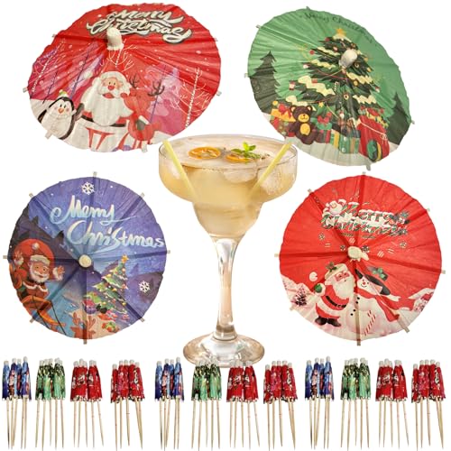 200 paraguas para bebidas, palillos de cóctel para decoración de Navidad, paraguas de Navidad, palillos de frutas y cupcakes
