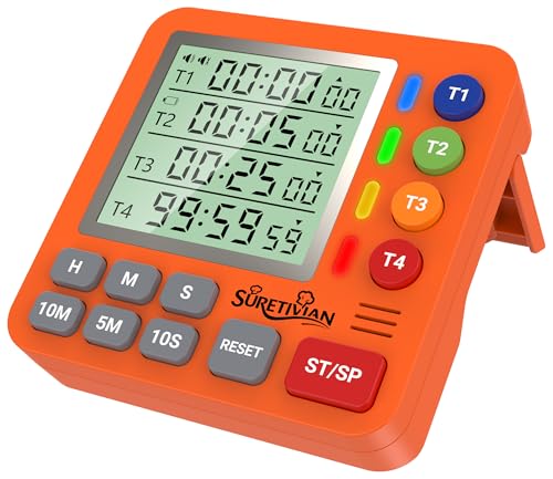 キッチンタイマー 4チャンネル デジタルタイマー 大画面 アラーム・静音切替 カウントアップ/カウントダウン タイマー ・卵・勉強・教室・運動用 電池付 (オレンジ)