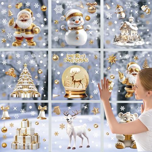 198 Stück 3D Gold Weihnachten Fensterbilder Selbstklebend, Schneeflocken,...