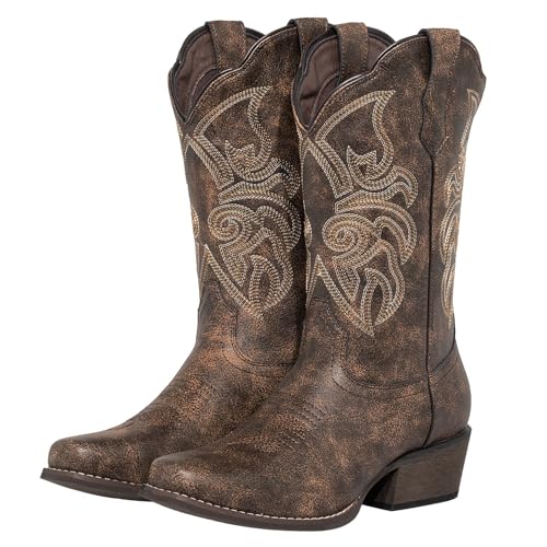 J's.o.l.e Cowgirl-Cowboystiefel für Damen, quadratischer Zehenbereich, mittelbreite Wade, Westernmode, braune Stiefel, braun, 41 EU