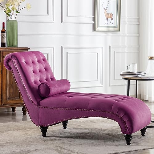 ONPNO Tufted Velvet Chaise Lounge Indoor, Leisure Accent Chair Upholstered Couch with Toss Pillow for Bedrooom Living(Purple)