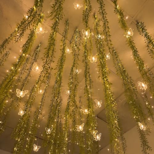 Ropoloogy 21 Pcs Fairy Forest Hanging Vines with Lights 10 3.3ft Artificial Hanging Ivy Vines 10 LED String Lights 1 Butterfly Light String, Fairy Decor for Jungle Enchanted Party Bedroom Wedding
