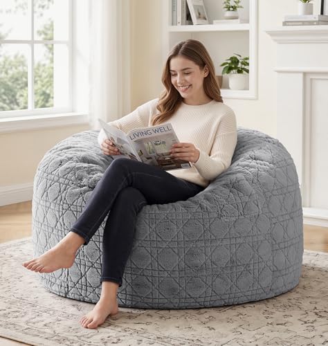 Image of 3FT Bean Bag Chair Bean Bags for Adults Large Bean Bag Beanbag Chair with Washable Cover Quilted Plush Fluffy Bean Bags Memory Foam Bean Bag Chairs Pocket Handle for Bedrooms Living Room Office(Grey)