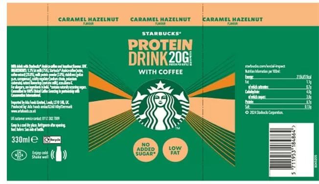 Starbucks Protein Caramel Hazelnut, 8 x 330 ml - Proteinreiches Kaffeegetränk mit reichhaltigen Karamell- & Haselnussaromen, trinkfertiges Cold Brew, fettarm, perfekt für den Energieschub unterwegs