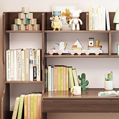 Image of Kids Desk Kids Table with Drawers and Bookshelf Wooden Kids Media Desk Student Learning Computer Workstation and Writing Desk (Brown)