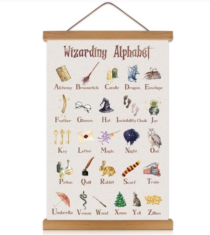Image of KAIRNE Wizarding Alphabet Hanging Poster(35x56CM) Sorting Hat,Flying Keys,Owl Witchcraft World Theme Prints Wood Magnetic,Positive abc Wall art Wizards Letters Gifts for Toddlers Kids Classroom Decor
