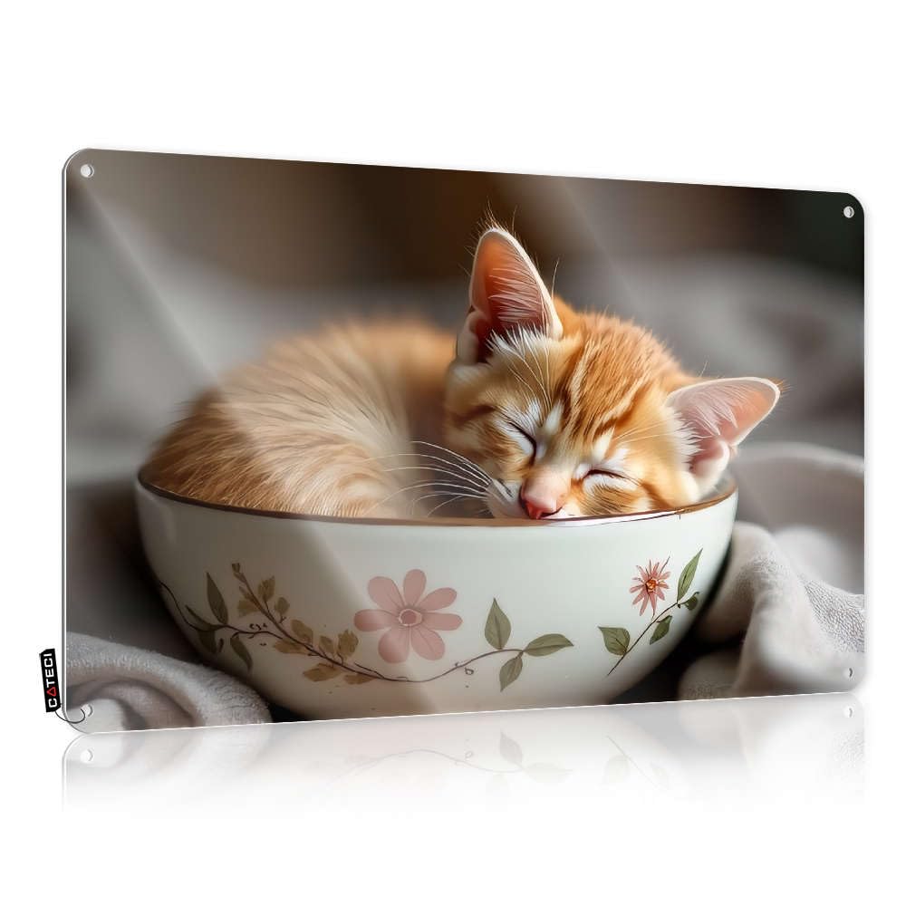 Fzfn Men's Colour Floral Bowl With Kitten Sleeping Inside. Reusable Decorative - Home Tin Metal Decor Wall Art Decoration(20X30cm)