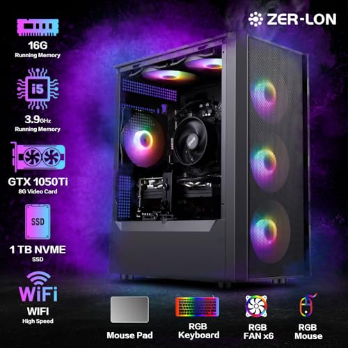 Image of ZER-LON Gaming PC Desktop Computer, Intel Core I5-9400F up to 3.9 GHz, GTX 1050Ti 4G, 16G DDR4 RAM, 1TB NVME SSD, WiFi 5.0, Prebuilt Gaming PC Tower Computer with RGB Fan x 6