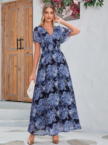 Image of Simplee Women's Boho Floral Maxi Dress Flowy Casual V Neck Short Sleeve Wedding Guest Holiday Beach Long Dress