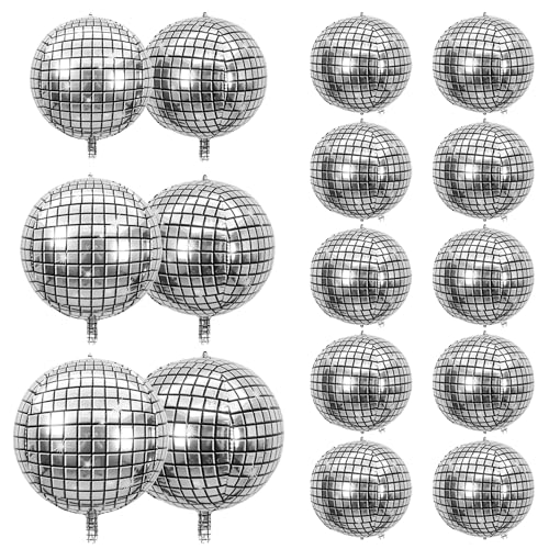 30 PCS Disco Ball Balloons Different Sizes- 4D Large Disco Balloons 10 Inch 15 Inch 18 Inch 22 Inch Assorted Round Metallic Silver Disco Balloons for Disco Themed Party Decor Supplies
