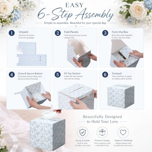 Image of Engrowtic 28 Pcs Blue Floral Wedding Guest Book with Card Box and Pen | Blue and White Guest Book, Bridal Shower, 9.1 x 6.7'', Cards, Elegant, Ribbon Tie, blank Side for Photos, Lined Side for Note