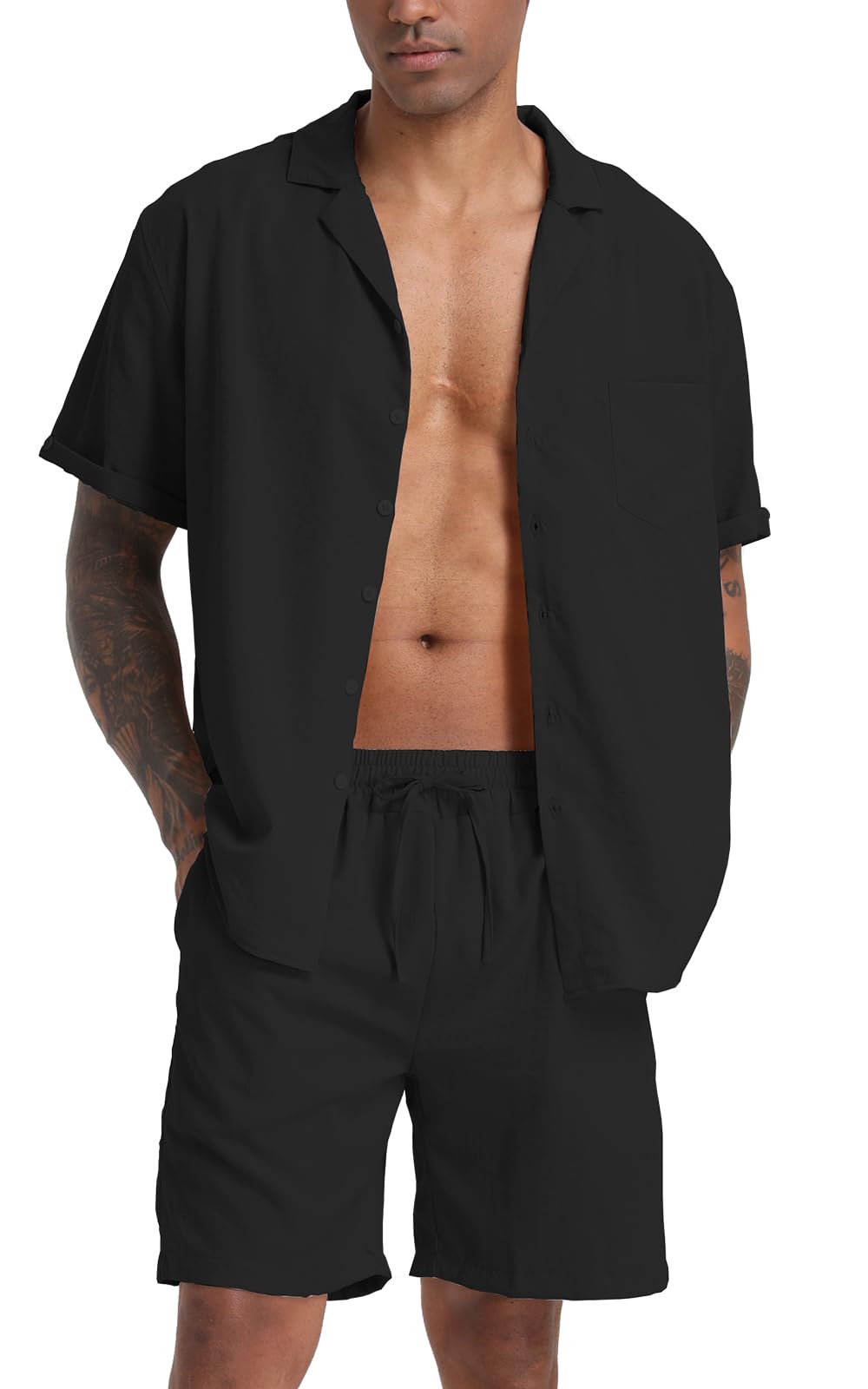 RPOVIG Men's Linen Shirts Shorts Outfits Beach 2 Pieces Sets Button Down Suit Casual Summer Tracksuit Vacation Clothes