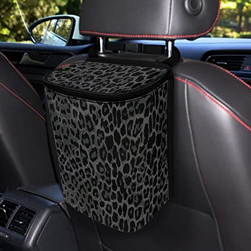 Image of Talayituse Black Leopard Print Car Trash Can with Lid, Leak Proof Auto Trash Bag Hanging Vehicle Garbage Can Multipurpose Storage Container for Back Seat Road Trip
