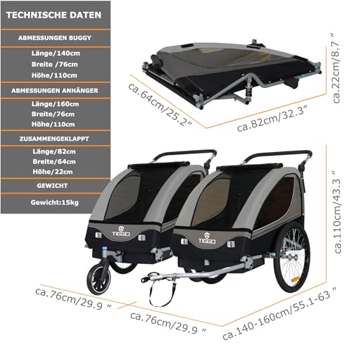 Tiggo S2 Kinderanhänger mit Federung Jogger 2 in 1 Kinder Buggy fahrradanhänger Anhänger 360° Drehbar (Grau)