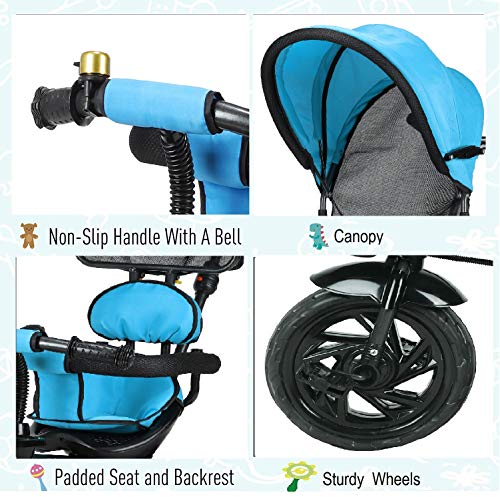 Image of JoyRide 3 in 1 Baby Tricycle Toddler Stroller Kids Pedal Tricycle w /Pusher Removable Canopy Safety Bar Storage Footrest for 18 Months to 5 Years (Blue)