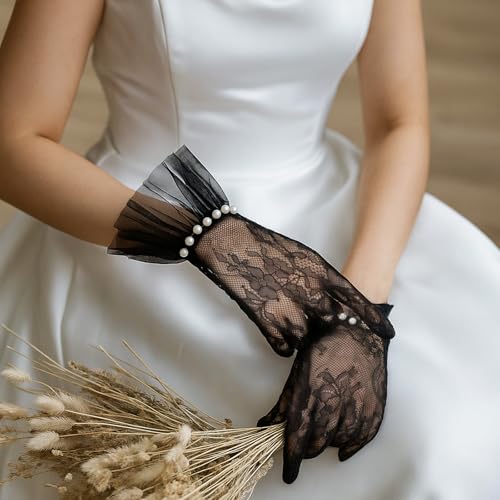 Short Lace Mesh Gloves, Black Lace Gloves with Pearls, Lace Glove Women Tea Party for Opera Evening Party Prom Wedding Halloween Cosplay4