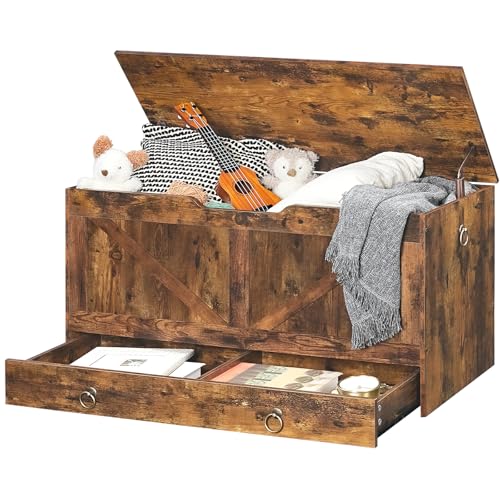 HOOBRO Storage Chest, Wooden Storage Bench, Blanket Storage Box with Drawer, Large Toy Chest, Shoe Storage Bench, Farmhouse Storages Trunk, 100 cm, U-Shaped Opening, Rustic Brown EFG710CW01G1 - Image 7