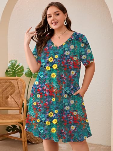 Image of AusLook Plus Size Midi Dress for Women Loose V Neck Short Sleeve Summer Casual A Line T Shirt Sundresses with Pockets 1X-5X