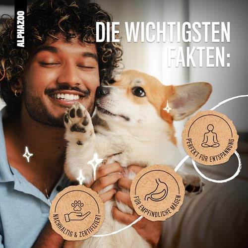 alphazoo In Aller Seelenruhe 60 g – Snack für Hunde mit Baldrian, Melisse & Ashwagandha. Ergänzungsfuttermittel zur Unterstützung von Entspannung & innerer Balance. Ohne künstliche Zusätze.