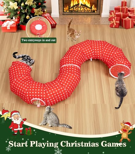 Image of Pawaboo Cat Tunnel Bed Under Christmas Tree, 35.4'' Christmas Cat Toy Circle Tunnel with Ball, Cats Tunnels Christmass Tree Skirt Decorative Festive Foldable Kitty Tube Tunnels for Cats(Red Star)