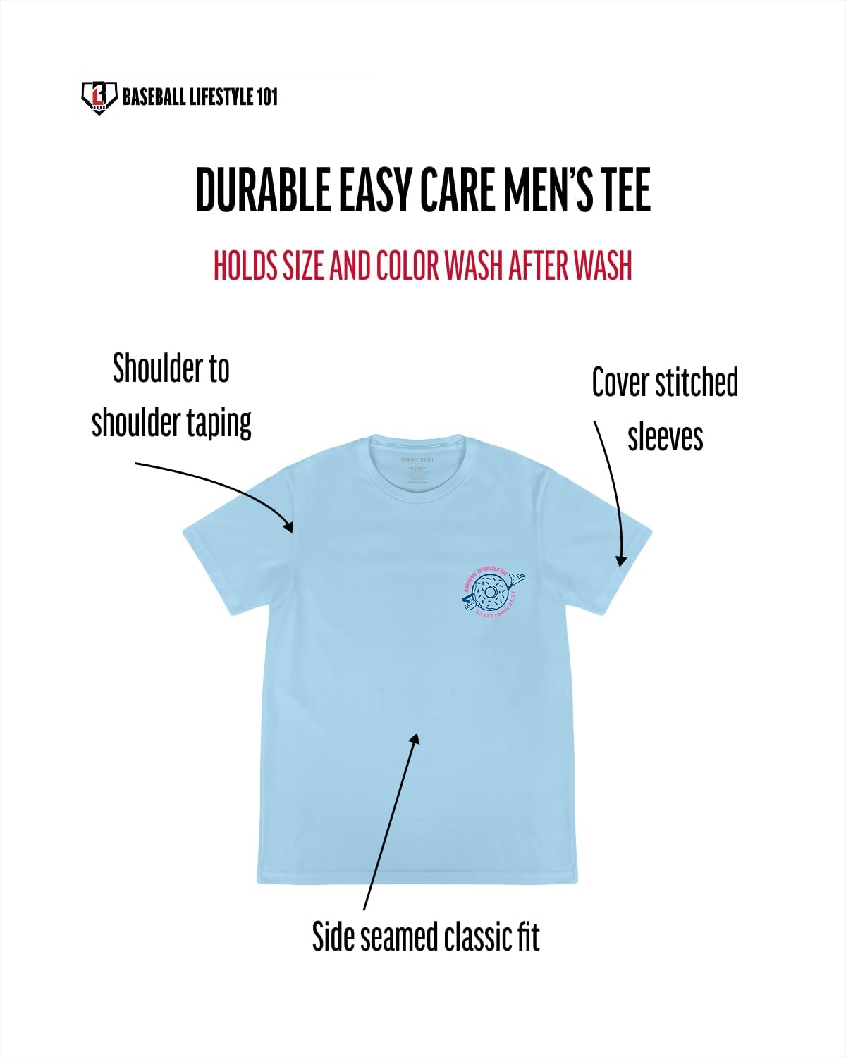 Baseball Lifestyle 101 Donut Tee for Men - White, Soft 60/40 Blend, Breathable, Side-Seamed T-Shirt, Adult Sizes S-XL