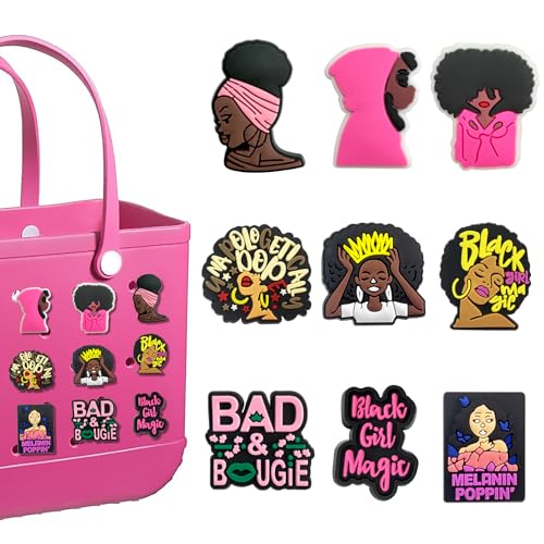 Hikkcos 9Pcs Pink Black Girl Charms for Bogg Bag Clips Insert Bogg Bag Accessories for Women Totes, Bag Charms for Simply Southern Totes,Rubber Tote Bag, Small