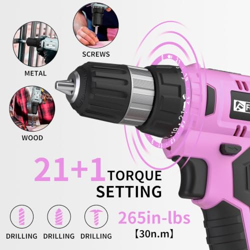 Image of FADAKWALT Cordless Drill Set, 20V Electric Power Drill With Battery And Charger, 30N Torque, 21+1 Settings, 3 /8-Inch Keyless Chuck, Driver Bits Kit, LED Light (Pink)