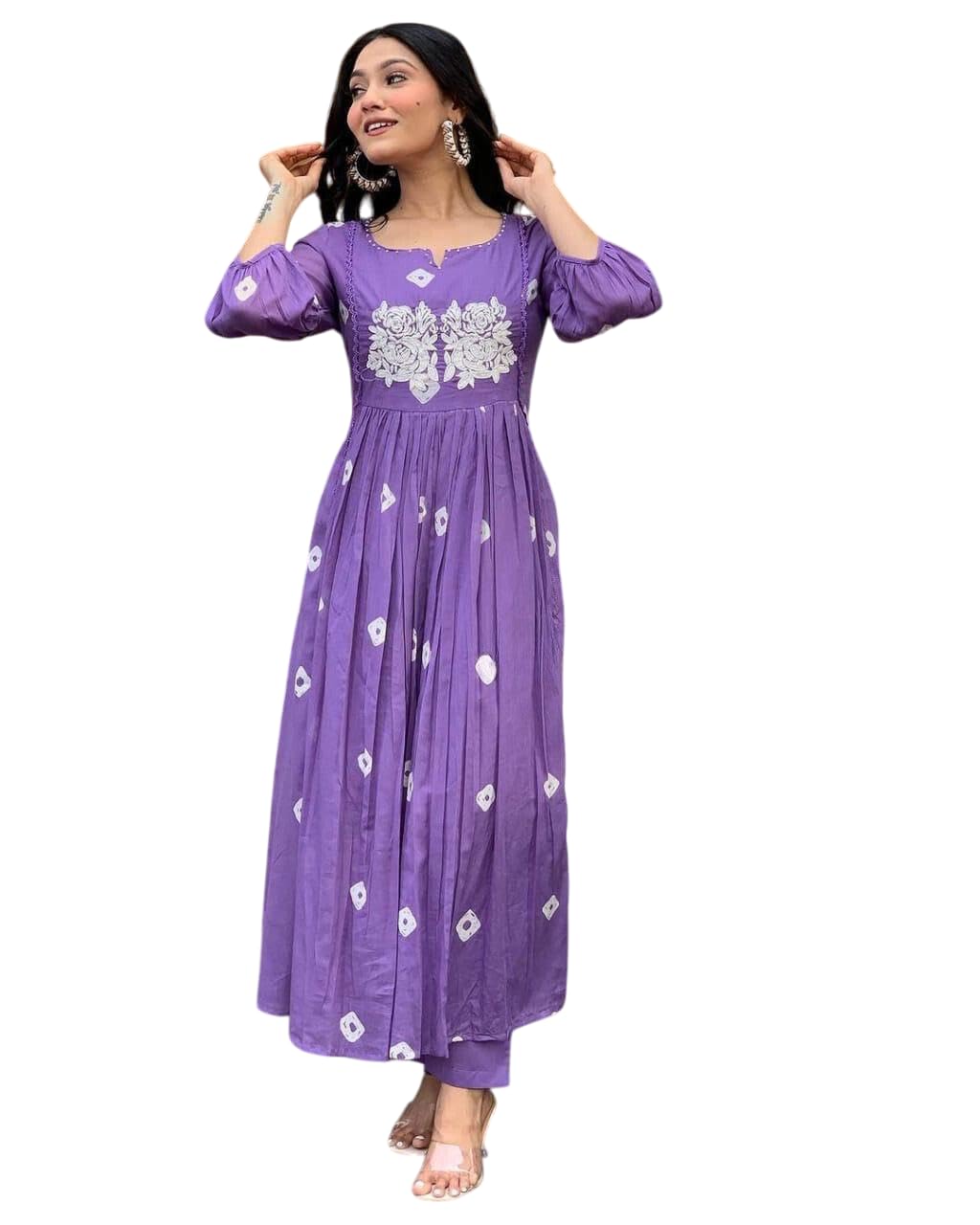 Women's Cotton Printed Long Anarkali Kurti with Pant (Purple-XL)-image-40