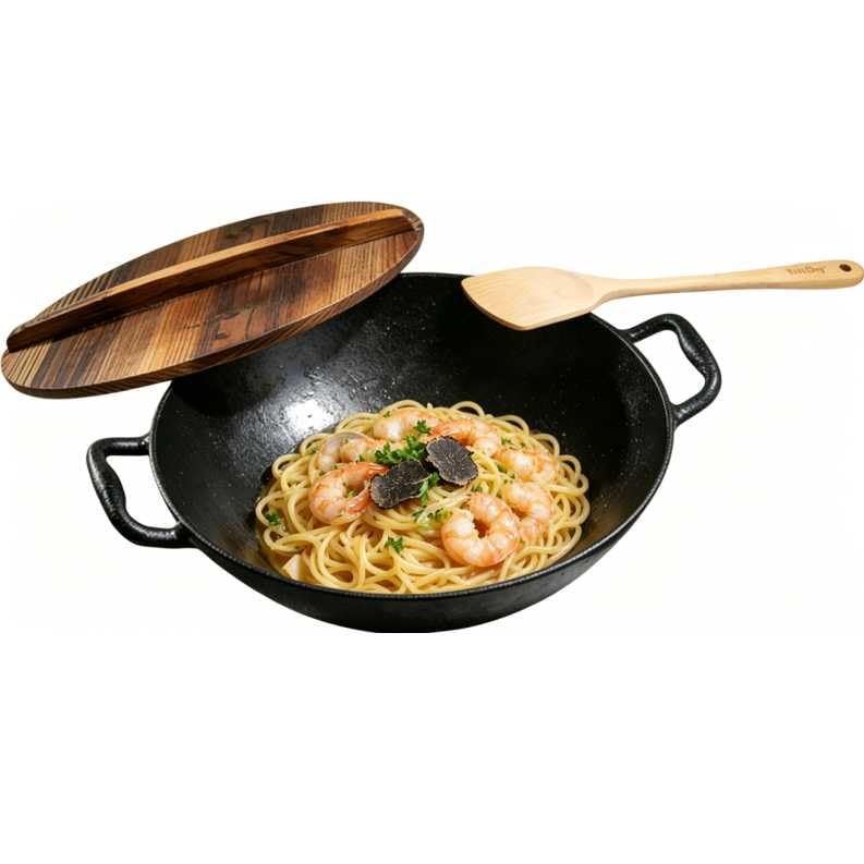 Keleday 14 Inch Flat Bottom Cast Iron Wok