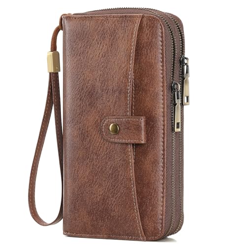 GAEKEAO Womens Wallet Large Capacity Double Zipper Ladies Card Phone Holder RFID Blocking Leather Clutch Wristlet Grip Strap