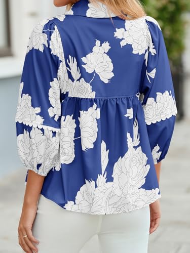 Tankaneo Womens Floral Peplum Babydoll Tops 3/4 Puff Sleeve Pleated Blouse Cute Casual V Neck Loose Fit Flowy Boho Shirts3