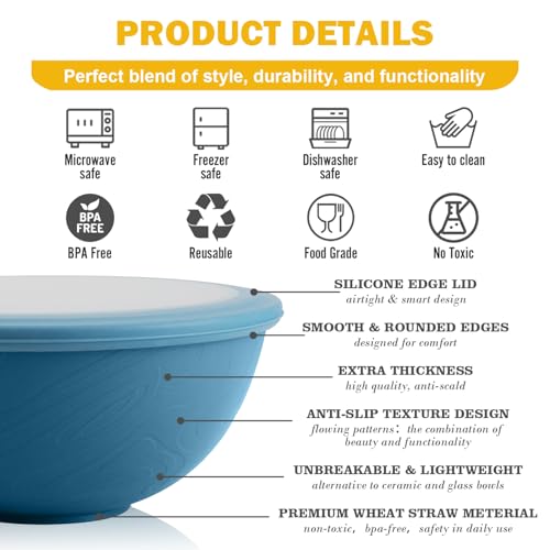 Image of Wheat Straw Bowls Set with Lids, Unbreakable 40 OZ Cereal Bowls Set of 4, Salad Container for Lunch, Microwave & Dishwasher Safe Bowl Set for Kitchen, Picnic, RV, Camping, Multi