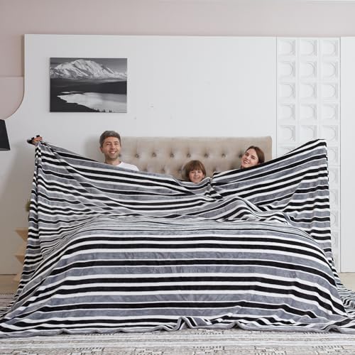 COOVA Oversized King Fleece Blanket 120x120 inches, Soft Cozy Warm Giant Extra Large 10'x10' Blanket for Bed, Sofa, Couch,Travel, Camping, California Huge Flannel Big Throw Blanket, Grey Stripes