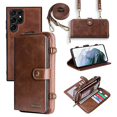 Funda Crossbody para Samsung Galaxy S25, Funda de cuero PU Flip Cover Zipper Cartera Cartera Soporte para Tarjeta Magnética Funda extraíble a prueba de golpes con correa para el hombro Marrón