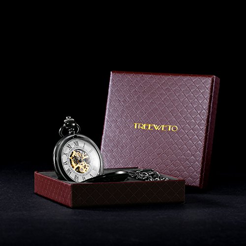 Image of TREEWETO Mens Skeleton Mechanical Pocket Watch, Retro Roman Numerals, Half Hunter, Bronze