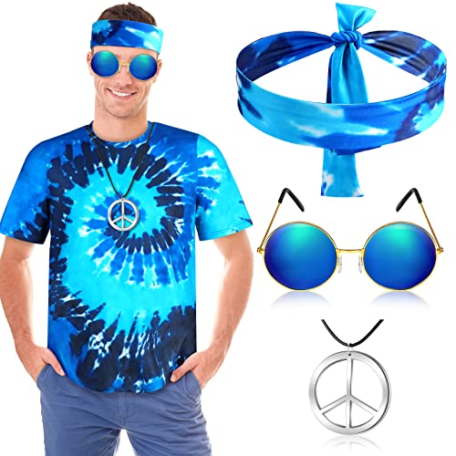 Berlune 4 Pcs 60s 70s Hippie Outfits for Men Hippie Costume Tie Dye T Shirts Disco Outfit Halloween Costume (Stylish Style,X-Large)