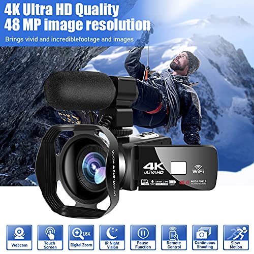 Videokamera Camcorder 4K 48MP 60PFS WiFi Camcorder Full HD 18X IR Nachtsicht Vlogging Kamera 3.0" IPS Touchscreen mit Mikrofon, 360° Funkfernbedienung, Zwei Batterien – Bild 3