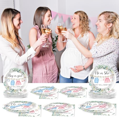 Image of 96Pcs Greenery Gender Reveal Party Decorations for Boy or Girl Baby Shower Plates Napkins Tableware Gender Reveal Disposable Baby Clothes Theme Plates He or She Paper Party Supplies for 24 Guests