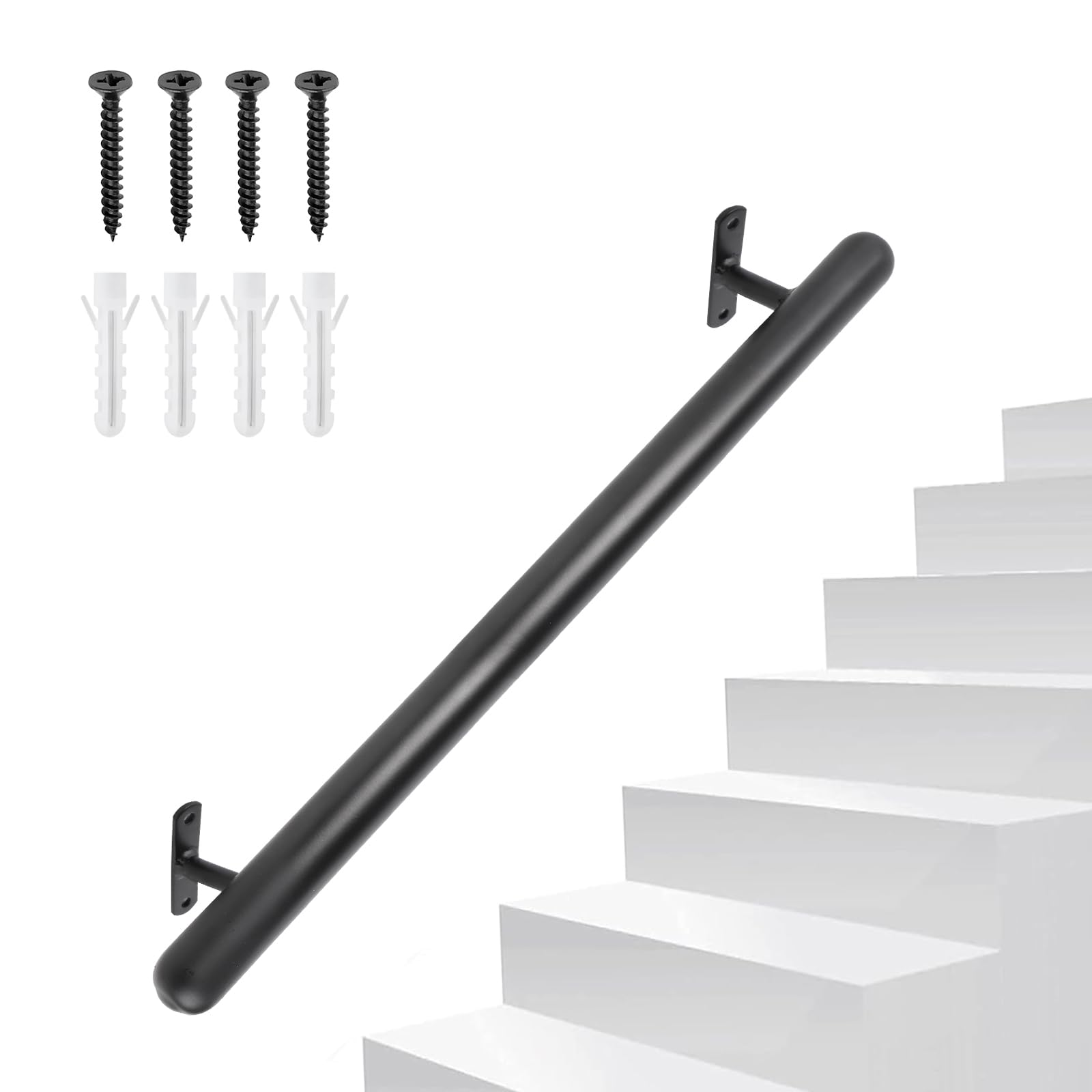 Pasamanos de escalera 91cm Barandilla negra de acero inoxidable Pasamanos redondo antideslizante Ø32mm Montaje pared con tornillos Asidero seguridad para jóvenes/mayores, pasillos peatonales