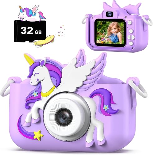 Kids Camera for Boys Girls 1080P HD Digital Selfie Camera with Cute Protective Cover and 32G SD Card Christmas Birthday Gifts Toys for 3 4 5 6 7 8 9 10 11 12 Years Old (H31-Purple)