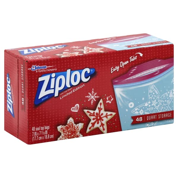 Ziploc Quart Food Storage Bags, Grip 'n Seal Technology for Easier Grip, Open, and Close, 48 Count, Holiday Designs, Packaging May Vary