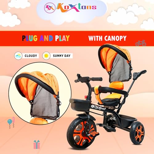Image of Tricycle for Kids with Canopy and Comfort Seat - The Parents Choice for 1-5 Years Old, 30kg Max, Luxurious & Durable Trike. Advanced Parental Control Handle and Safety Belt, Black