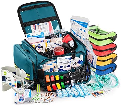 Scherber Fully-Stocked First Responder Professional Advanced EMT/EMS Trauma Kit | HSA/FSA Approved | Reflective Bag w/10+ Compartments, Zippered Pockets & 250+ First Aid Supplies (Blue)