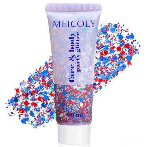 MEICOLY Red White and Blue Hair Glitter with Ribbon Strip Sequins Patriotic 4th of July Face Glitter Accessories Outfit Self-Adhesive Waterproof Fourth of July Sparkle Body Glitter for 2026 World Cup