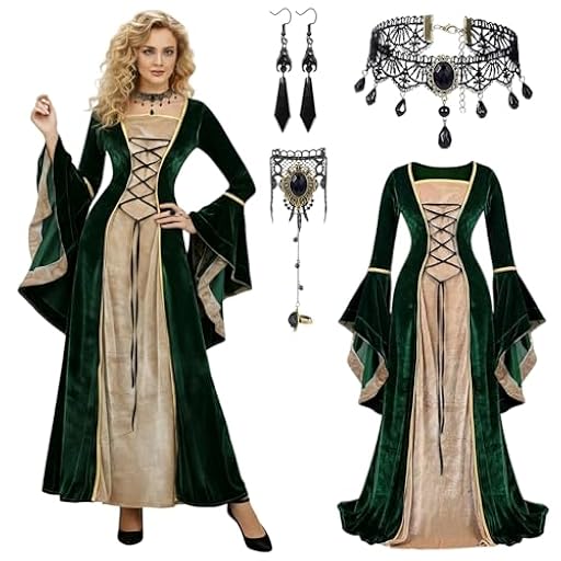 Vestido Medieval Mujer, Vestido Terciopelo Mujer con Collar y Pendientes, Ropa renacentista, Ropa Terciopelo Verde, Traje Medieval con Mangas Acampanadas para Fiesta Cosplay, Halloween (Verde, L) | Ya disponible en tu tienda friki favorita! En mundofriki.es!